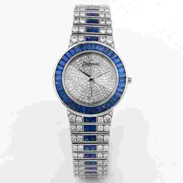 DeLaneau
                           
                                 Wristwatch | Pave Diamond Dial Sapphire Baguette Bezel and Diamond and Sapphire Bracelet | 18k White Gold
