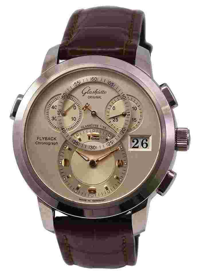 Glashütte Original PanoMaticChrono XL
in White Gold on Brown Crocodile Leather Strap with Silver Dial