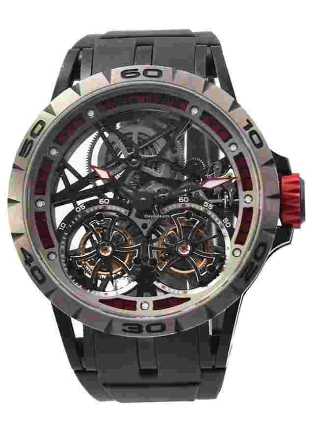 Roger Dubuis Excalibur
                           
                                 Spider Skeleton Double Flying Tourbillon 47mm in Titanium with Black DLC Coating on Black Rubber Strap with Skeleton Dial - Limited Edition of 188 Pieces