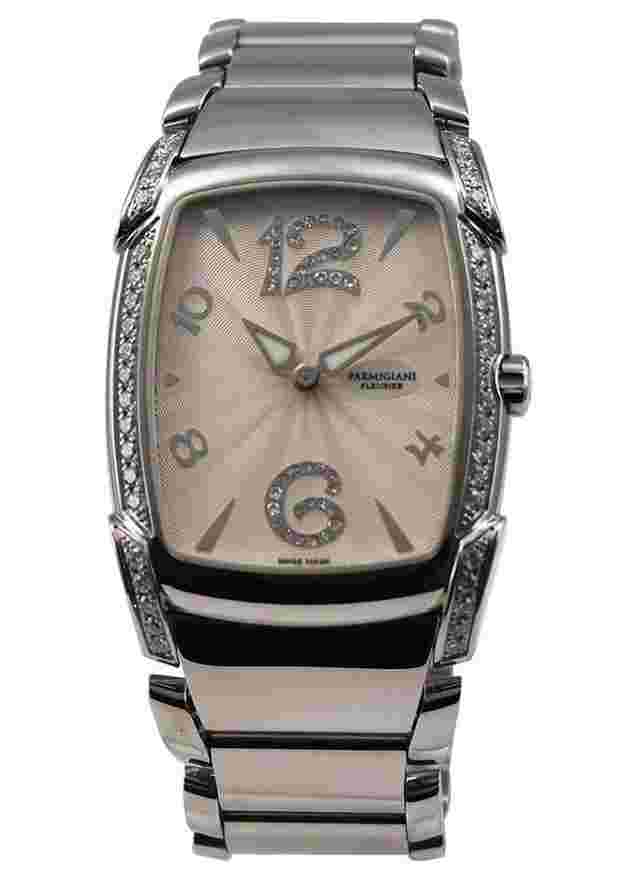 Parmigiani Fleurier Kalpa
                           
                                 Donna 34.8mm Quartz in Steel with Diamond Bezel on Steel Bracelet with Ivory Sunray Guilloche Diamond Dial