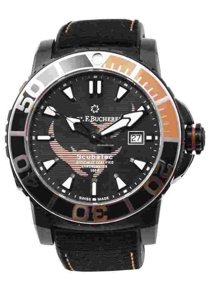 Carl F. Bucherer Patravi
ScubaTech 45mm in Titanium on Black Fabric Strap with Black Dial--Factory error on warranty card reference number