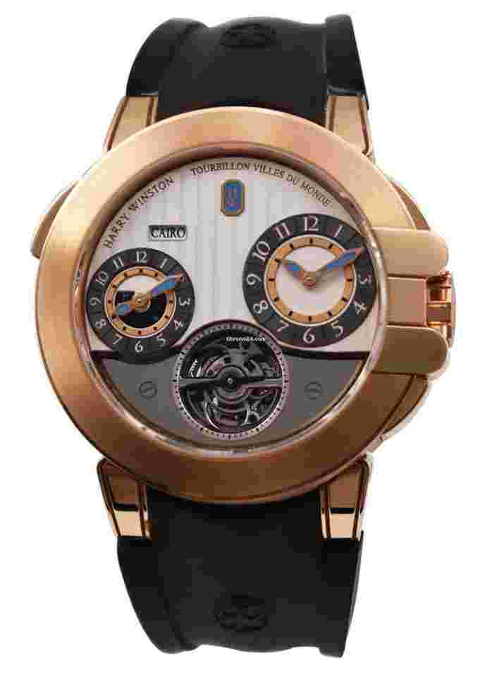 Harry Winston Ocean
GMT Tourbillion World Time in Rose Gold on Strap with Silver Dial