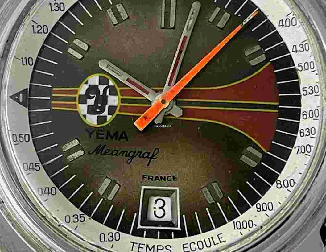 Yema
                           
                                 Meangraf Racing Tachymeter Date Two Tone Dial Screw Down Case Back Vintage Made in France
