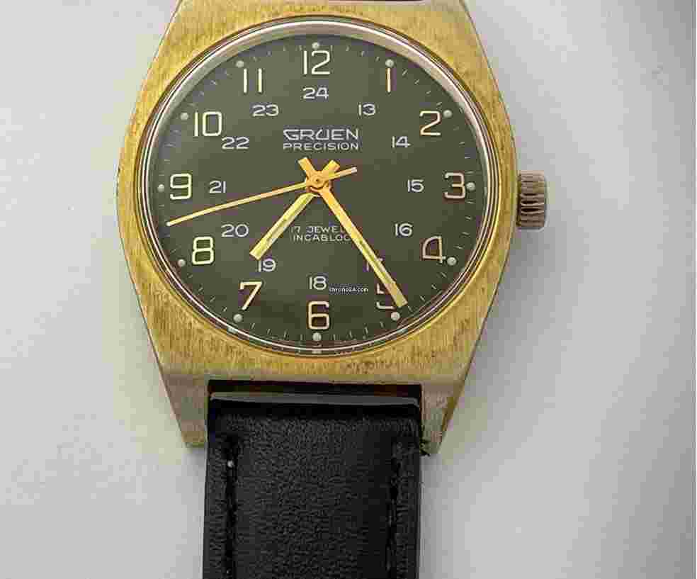 Gruen Precision
                           
                                 Military Officers Black 24 Hours Dial Cal542 SS Gold Capped Vintage Swiss Made