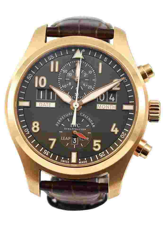 IWC Pilot Spitfire Perpetual Calendar Digital Date-Month and Month in Rose Gold on Brown Alligator Leather Strap with Anthracite Dial