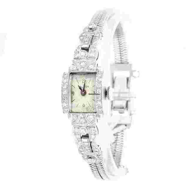 Burdeen's Jewelry Platinum & Diamond Vintage Wristwatch on 14K White Gold Bracelet