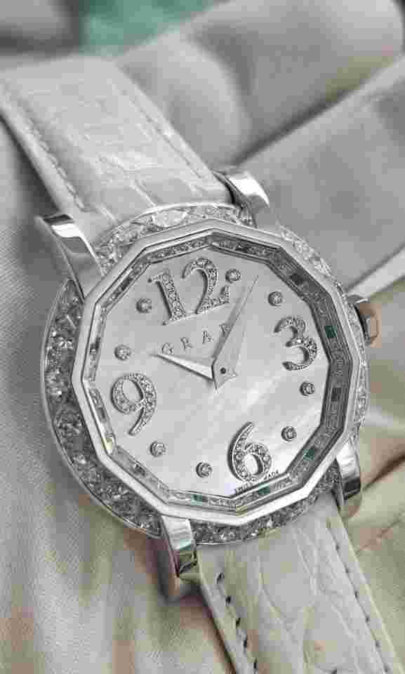Graf Chronograph White Gold Pink Mother of Pearl Diamonds and Emeralds NEW UNWORN