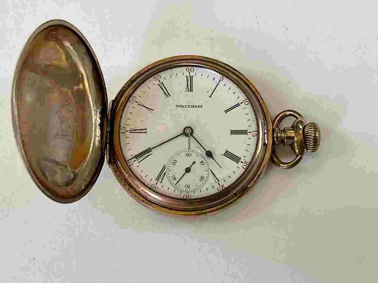 Waltham
                           
                                 Traveler Gold Capped Hunter Case Savonette Antique Pocket Watch Porcelain Dial 17J USA