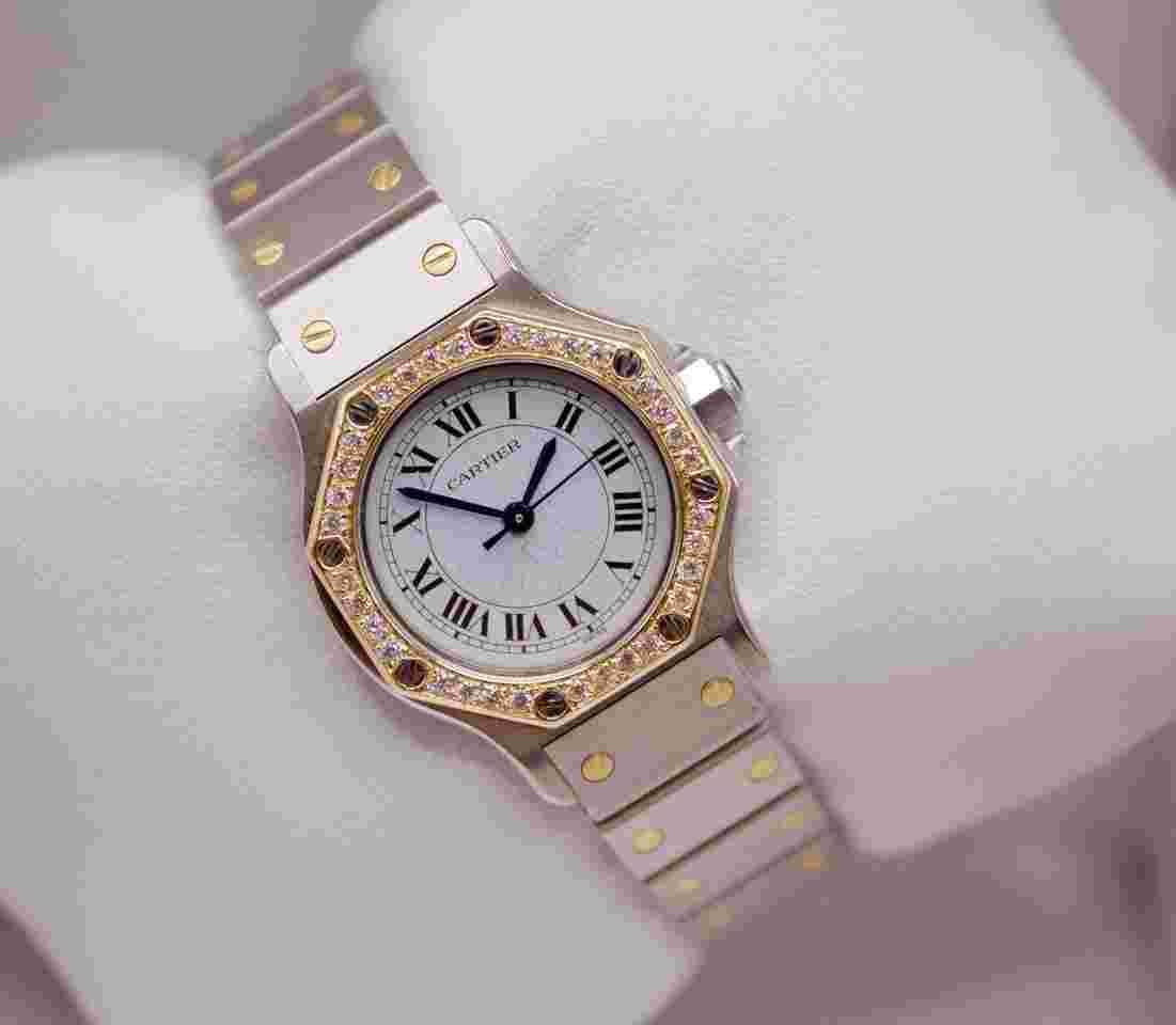 Cartier Santos
                           
                                 Octagon 25mm Custom Diamond Bezel White Dial Two Tone 18kt Gold Watch