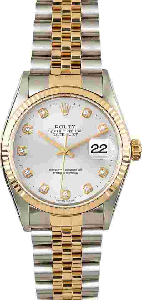Rolex Datejust 36
                           
                                 Men's Datejust Two Tone Fluted Factory Silver Diamond Dial 16233