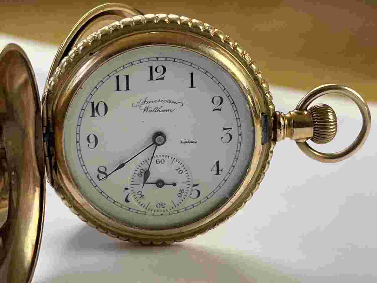 Waltham
                           
                                 Railroad Military Gold Capped Hunter Case Savonette Antique Pocket Watch Porcelain Dial
