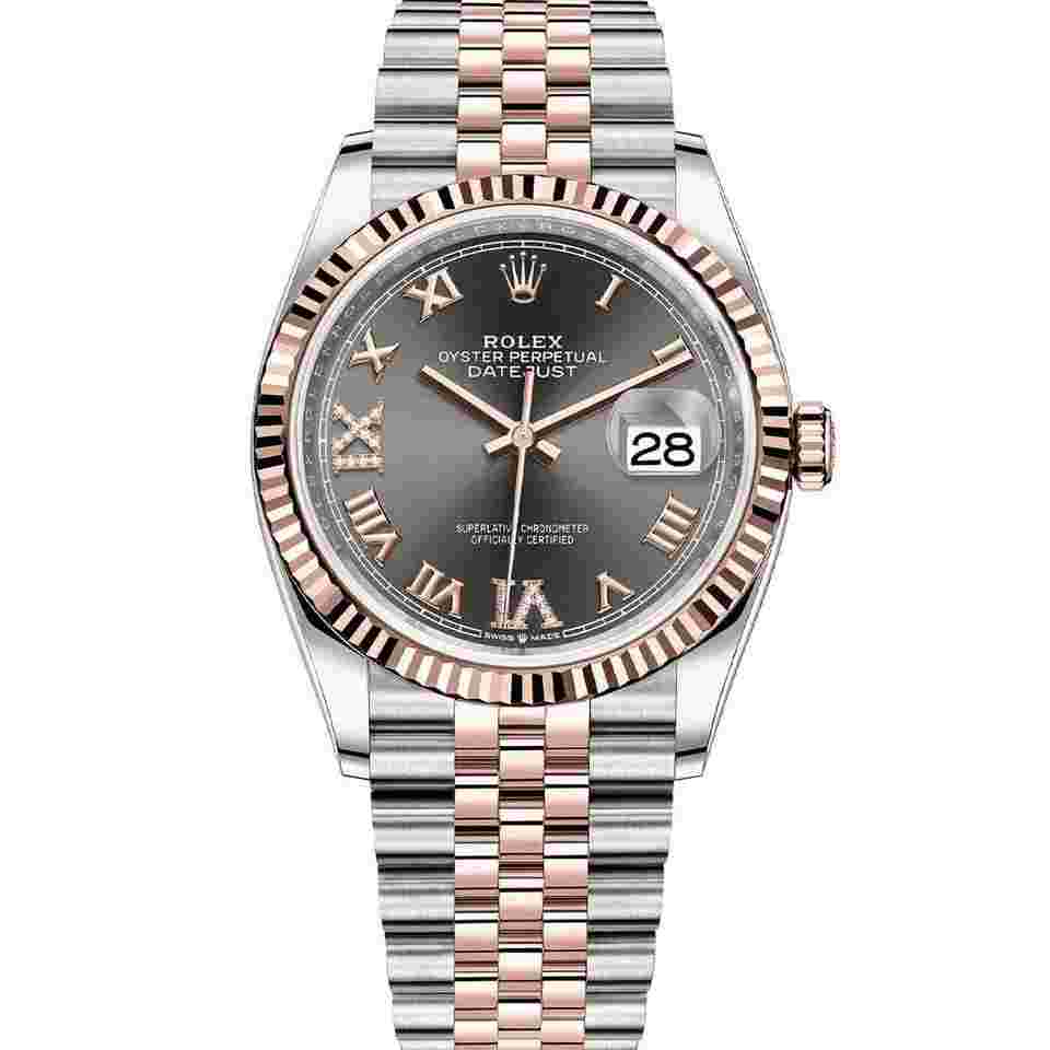 Rolex Datejust 36
                           
                                 36mm 126231 Two-Tone Rose Gold Fluted Bezel Grey Roman Diamond Dial Jubilee