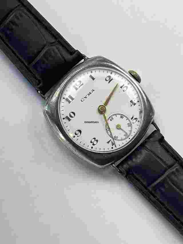 Cyma
                           
                                 Military Trench Solid Silver 875 WWI 1916 White Porcelain Dial Red 12 Antique Swiss Made