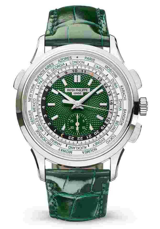 Patek Philippe World Time Chronograph
Flyback Chronograph Platinum Green "Vert" Novelty Edition Hand-Guilloched Dial