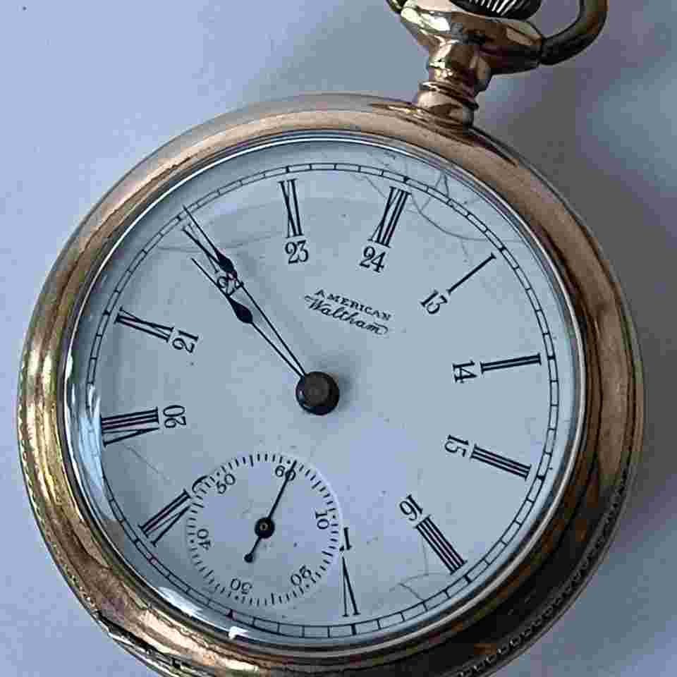 Waltham
                           
                                 Railroad Military Antique Pocket Watch 24Hours Porcelain Dial Roman Numbers Made in USA