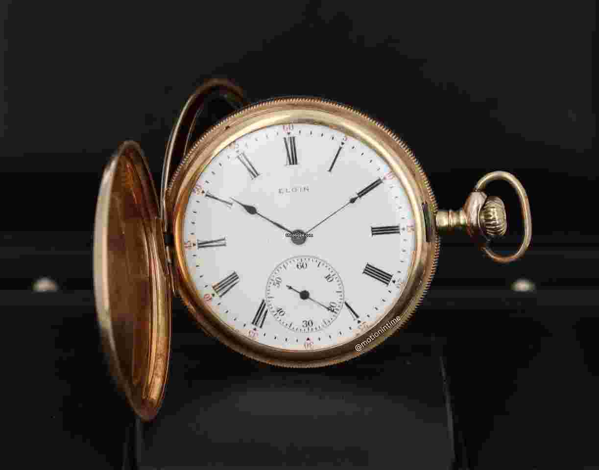 Elgin
                           
                                 Hunting Pocket Watch Vintage C. 1910 Gold Porcelain Enamel Single-Sunk Dial 44.5mm