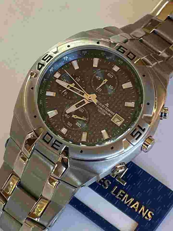 Jacques Lemans Chronograph 100M Three Registers Calendar Date Textured Black Dial Titanium Case Bracelet