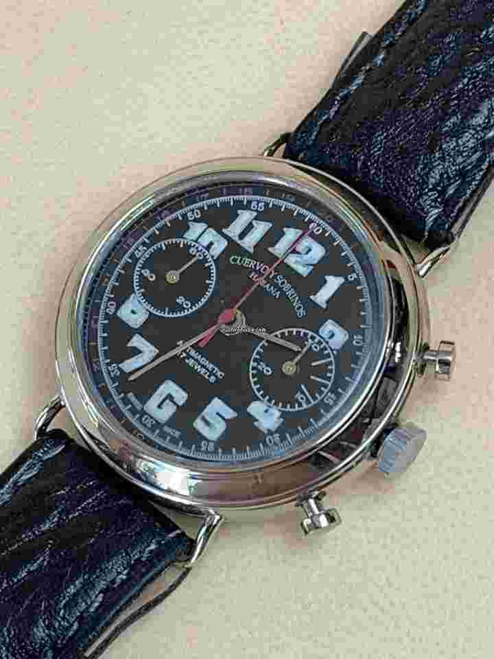 Cuervo y Sobrinos
                           
                                 Military Officers Chronograph 2Registers Black Dial StainlessSteel Original Box Swiss Made
