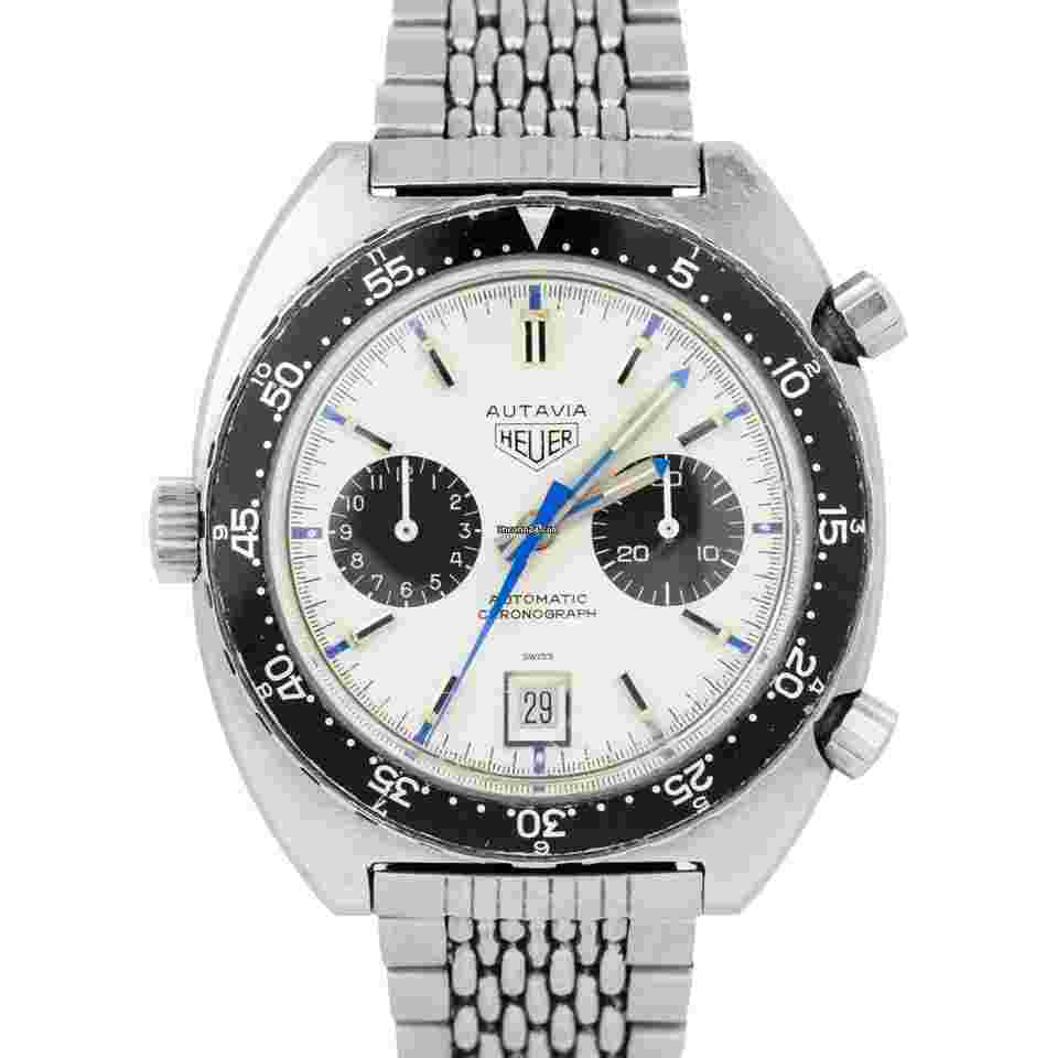Heuer
                           
                                 RARE 1971 Vintage Heuer Autavia Jo Siffert White Chronograph 42mm Steel 1163 B+P