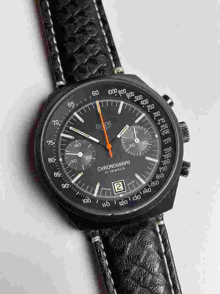 Heuer
                           
                                 ED HEUER Chronograph Calendar Date Valjoux 7734 Black Dial PVD Coating Vintage Swiss Made