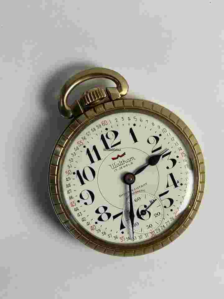 Waltham
                           
                                 Railroad 10K Gold RGP Porcelain Montgomery Dial Screw Down Back Vintage Pocket Watch Swiss
