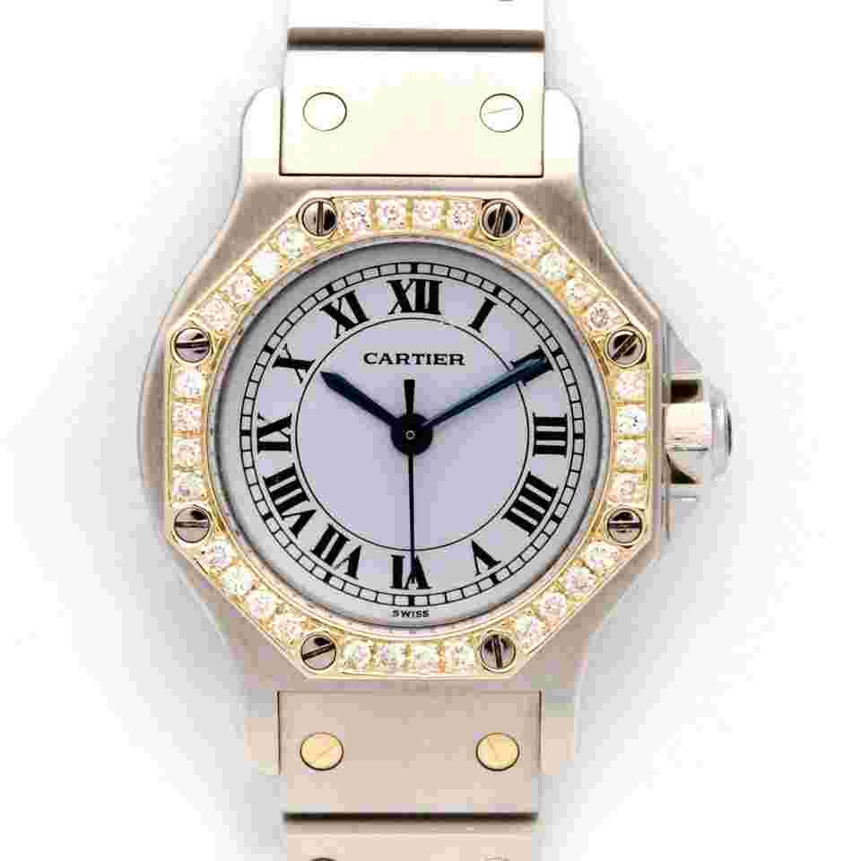Cartier Santos
                           
                                 Octagon 25mm 0907 Auto Custom Diamond Bezel White Dial T/T 18kt Gold VSG