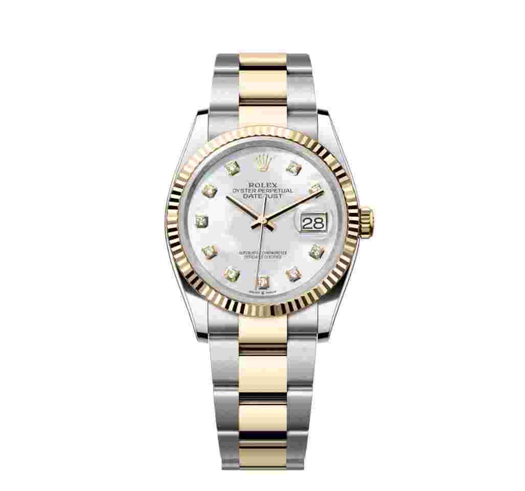 Rolex Datejust 36
                           
                                 NEW 2024 Mother of Pearl Diamond Dial Two Tone Yellow Gold Oyster Fluted
