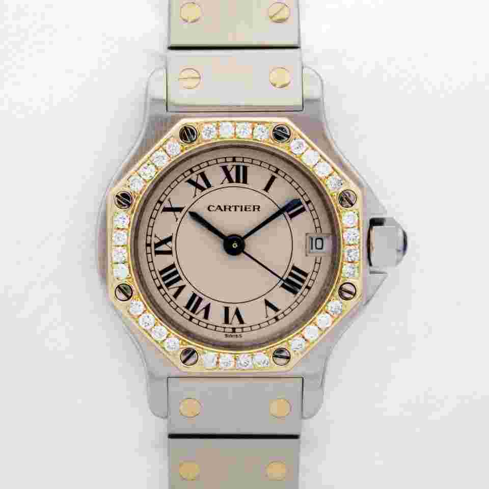 Cartier Santos
                           
                                 Octagon 187903 25mm Custom Diamond Bezel Ivory Dial Two Tone 18kt Gold w.B