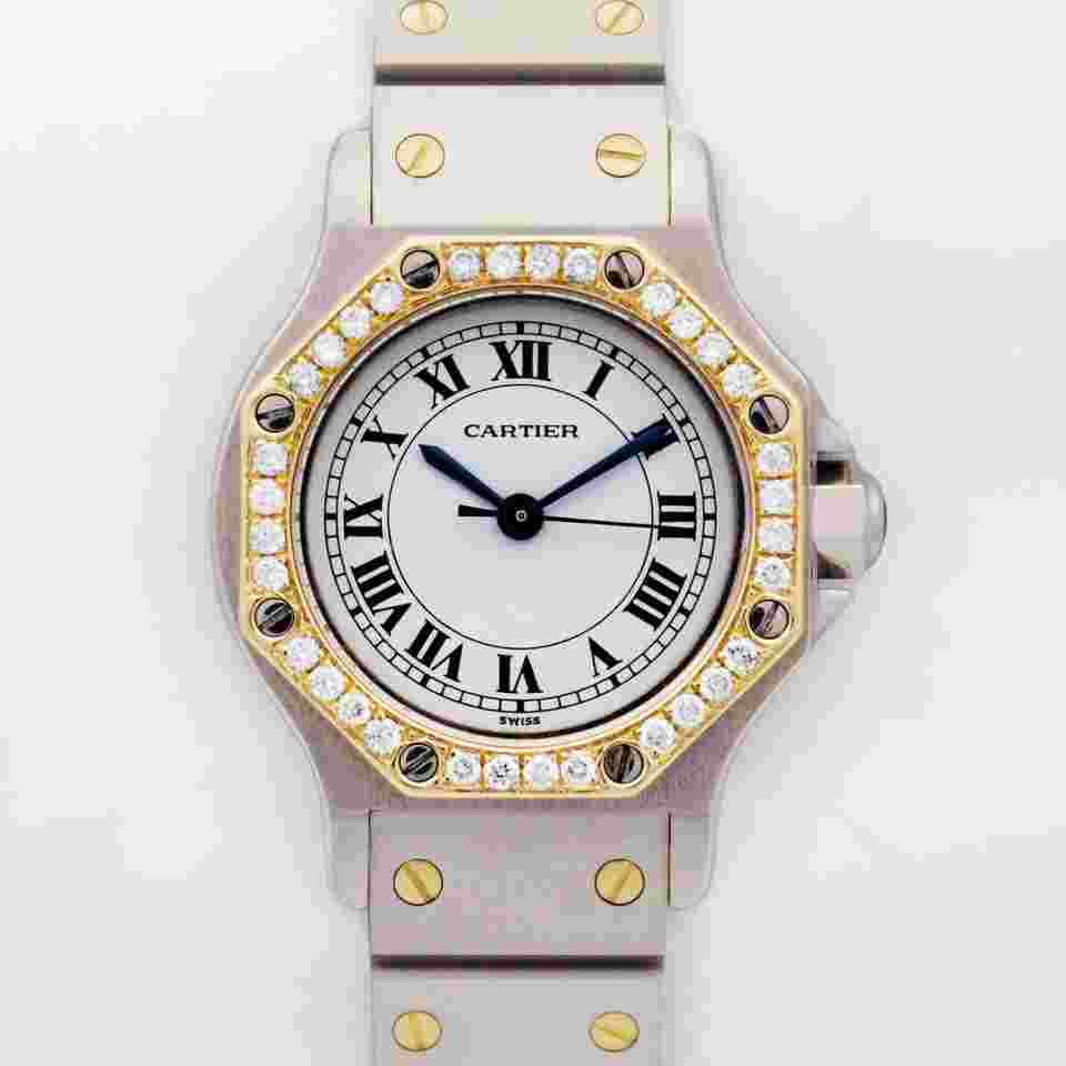 Cartier Santos
                           
                                 Octagon 25mm 0907 Auto Custom Diamond Bezel White Dial T/T 18kt Gold VSF-G