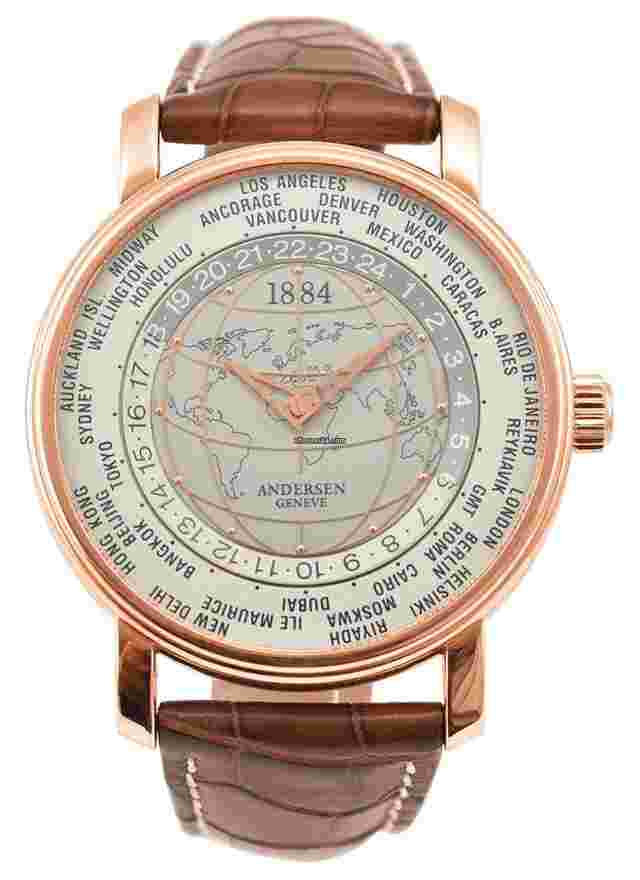 Andersen Genève
                           
                                 Worldtimer 1884 in Rose Gold (Limited to 120) on Brown Leather Strap with Two-Tone Silver Dial and Central World Map with Meridians