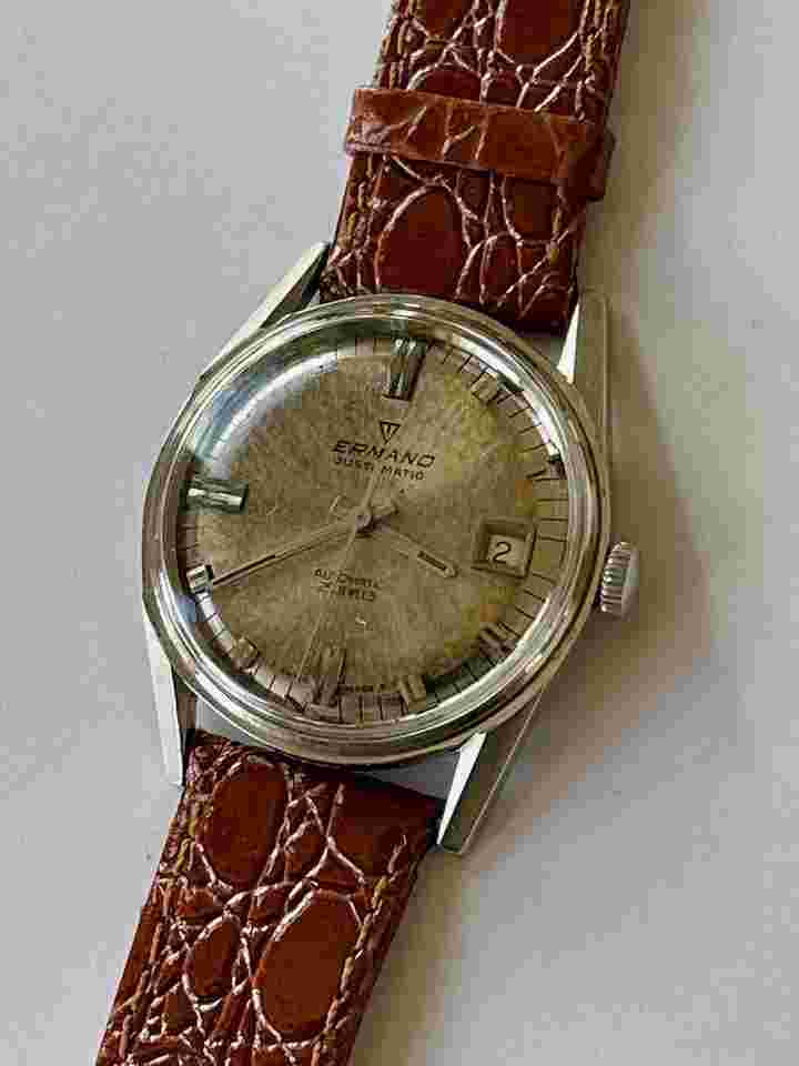 Ermano Just-Matic Automatic Date Tropical Dial S/S Screw Down Back Vintage Swiss M
