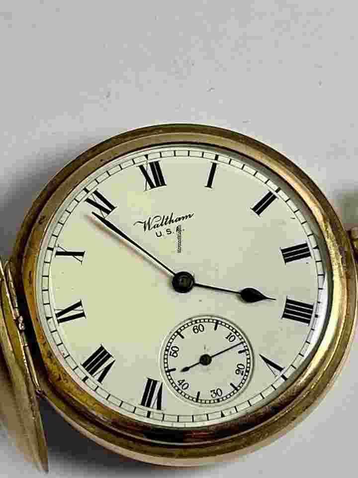 Waltham
                           
                                 14K Gold Filled Hunter Case Savonette Antique Pocket Watch Porcelain Dial Made USA