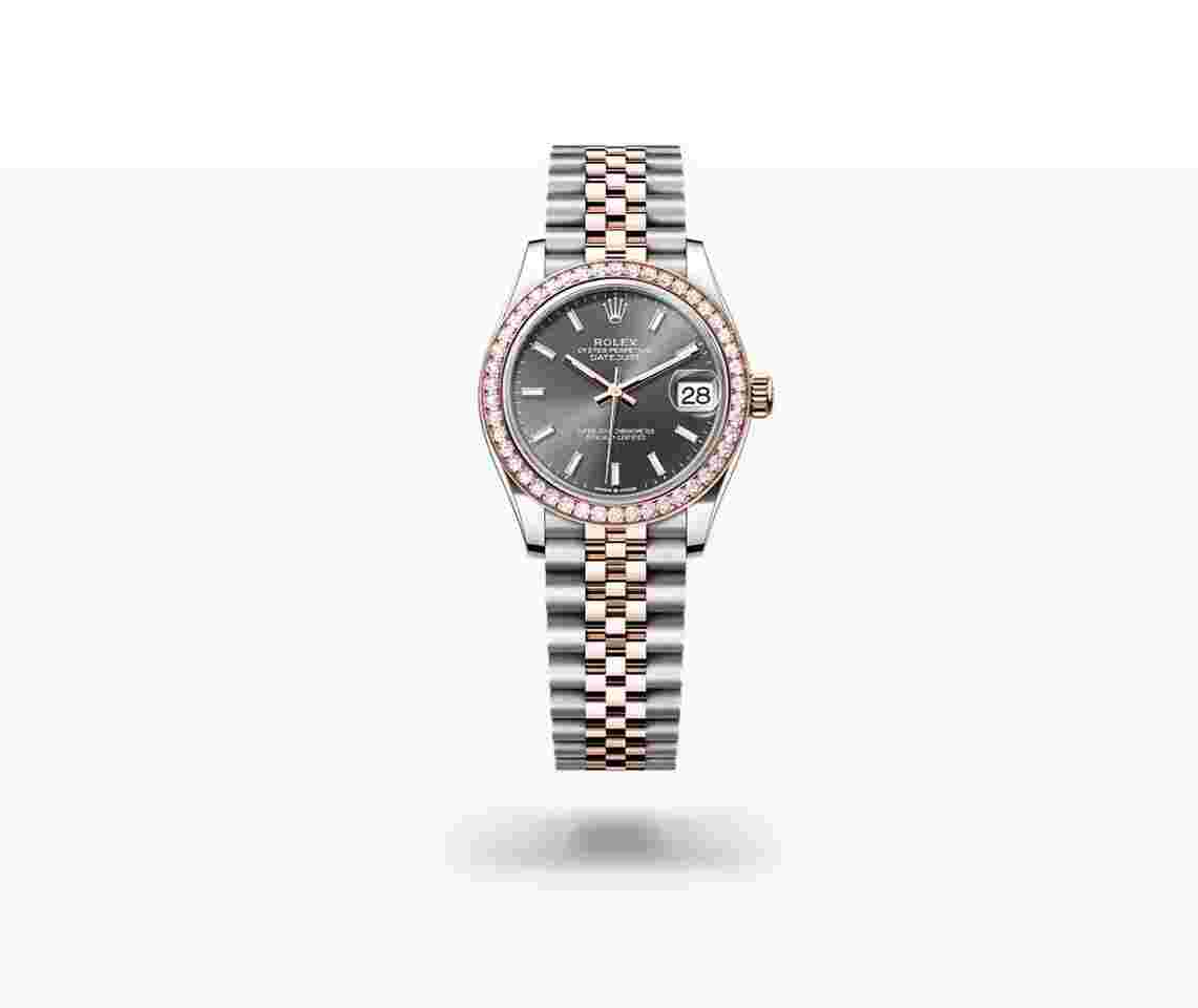 Rolex Datejust 31
                           
                                 NEW 2024 Rhodium Grey Index Dial Diamond Bezel Two Tone Rose Gold Jubilee