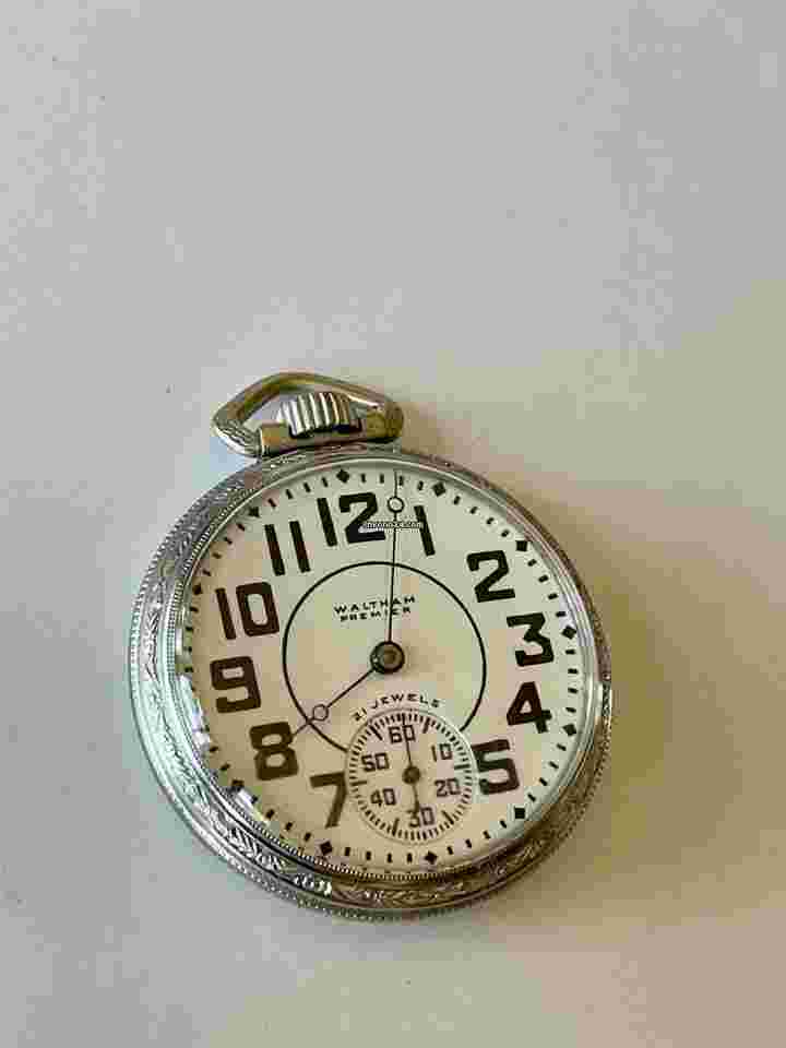 Waltham
                           
                                 Premier10K White Gold Filled Railroad Two Tone Porcelain Dial Antique Pocket Watch U.S.A.