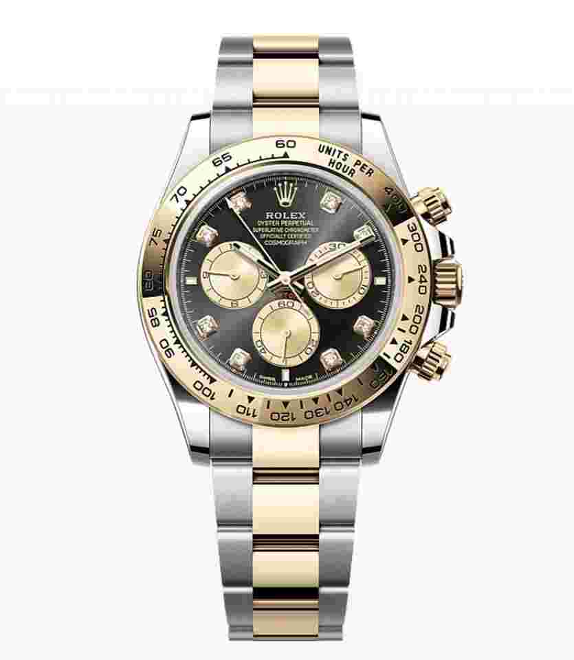 Rolex Daytona
                           
                                 NEW 2023 Black Diamond Dial Two Tone Yellow Gold Smooth Bezel Oyster Bracelet