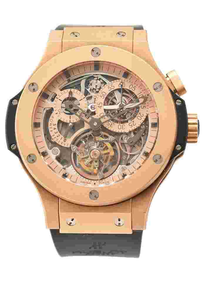 Hublot Bigger Bang
Gold Matt Tourbillon Monopulsante Chronograph in Rose Gold on Black Rubber Strap with Skeleton Dial