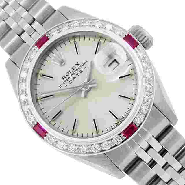 Rolex Oyster Perpetual Lady Date
                           
                                 26MM Silver Index Dial 18K White Gold Beadset Diamond Ruby Bezel With Rolex Box