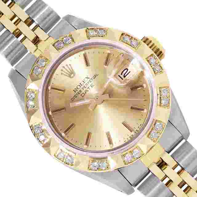 Rolex Oyster Perpetual Lady Date
                           
                                 Ladies Two Tone Date 26MM Champagne Index Dial 18K Yellow Gold Pyramid Diamond Bezel Watch