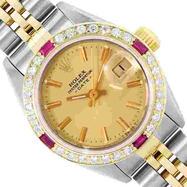 Rolex Oyster Perpetual Lady Date
                           
                                 Ladies Two Tone Date 26MM Champagne Index Dial 18K Yellow Gold Diamond Ruby Bezel Watch