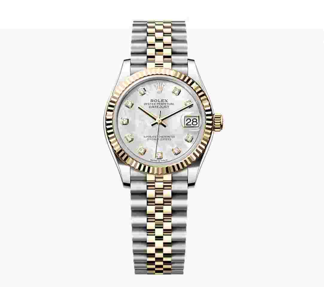 Rolex Datejust 31
                           
                                 NEW 2023 Mother of Pearl Diamond Dial Two Tone Yellow Gold Fluted Jubilee
