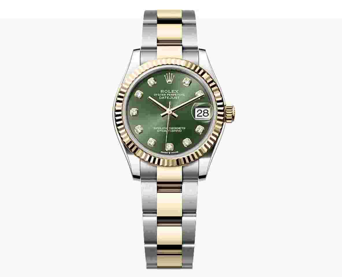 Rolex Datejust 31
                           
                                 NEW 2023 Green Olive Diamond Dial Two Tone Yellow Gold Fluted Bezel Jubilee