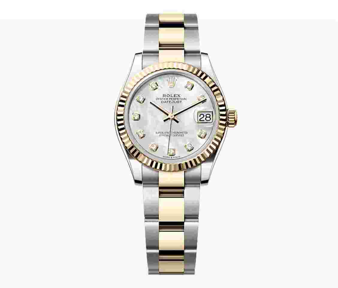 Rolex Datejust 31
                           
                                 NEW 2023 Mother of Pearl Diamond Dial Two Tone Yellow Gold Fluted Oyster