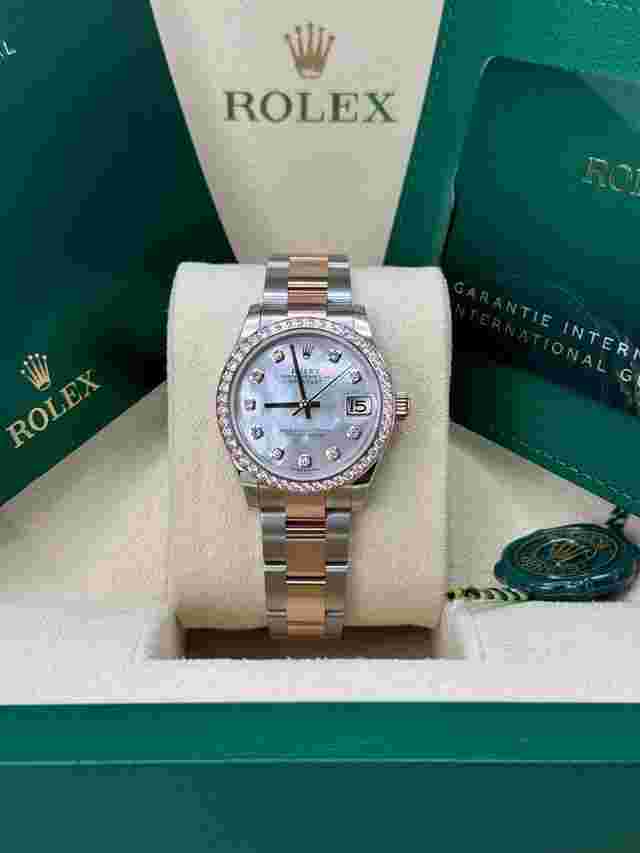 Rolex Datejust 31
                           
                                 NEW 2024 Mother of Pearl Diamond Dial Diamond Bezel Two Tone Rose Gold Oyster