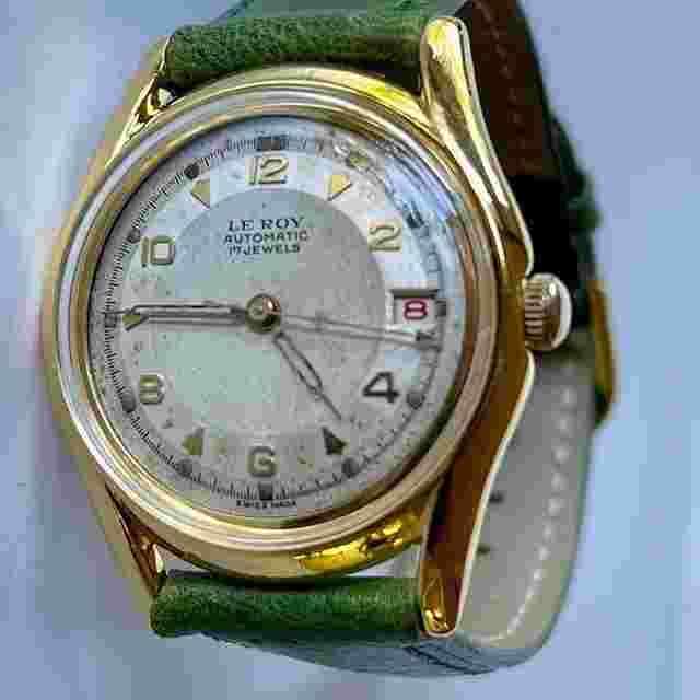 LeRoy Automatic Red Date Pie Pan Two Tone Dial Gold Filled S/S ScrewDown Back Vintage Swiss Made 