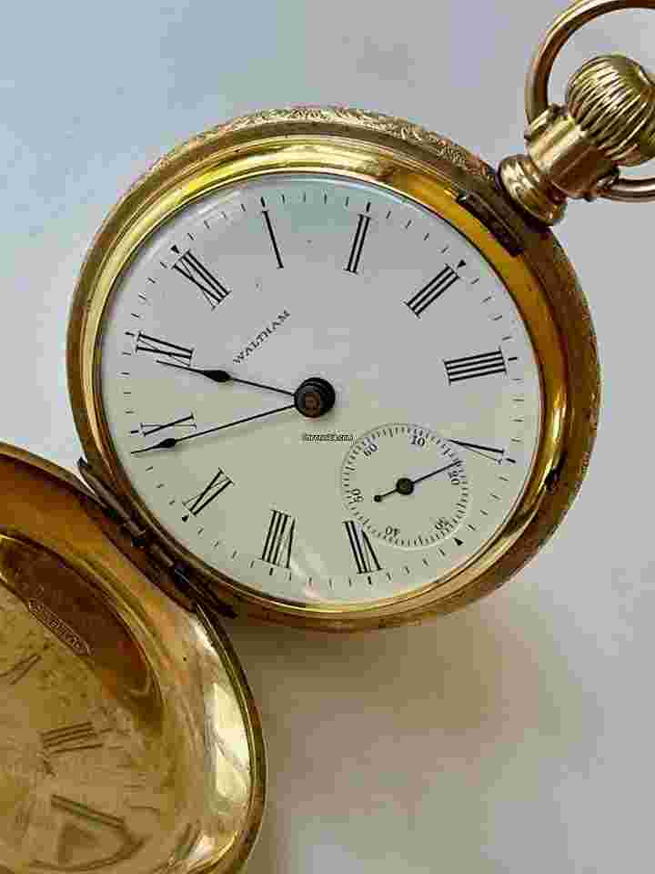 Waltham
                           
                                 Solid10K Gold Hunter Case White Porcelain Dial Roman Numbers Antique Pocket Watch USA
