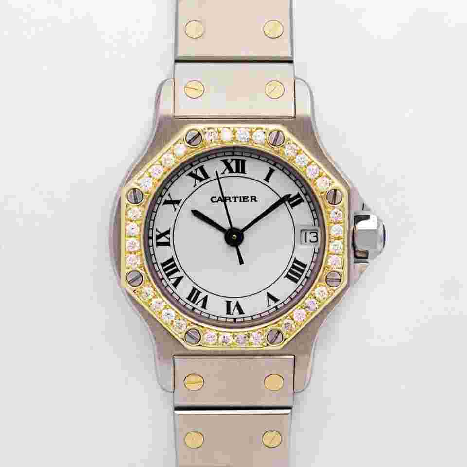 Cartier Santos
                           
                                 Octagon 187903 25mm Custom Diamond Bezel White Dial Two Tone 18kt w.B