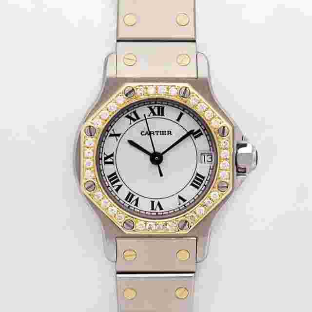 Cartier Santos
                           
                                 Octagon 187903 25mm Custom Diamond Bezel White Dial Two Tone 18kt w.B