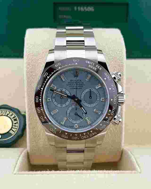 Rolex Daytona
                           
                                 In Stock Daytona Ice Blue Baguette Index 116506 Platinum Oyster Bracelet