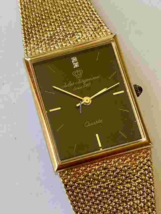 Jules Jürgensen
                           
                                 Rectangular Gold Capped Genuine Diamond Black Dial Blue Sapphire Crown Vintage Swiss Made