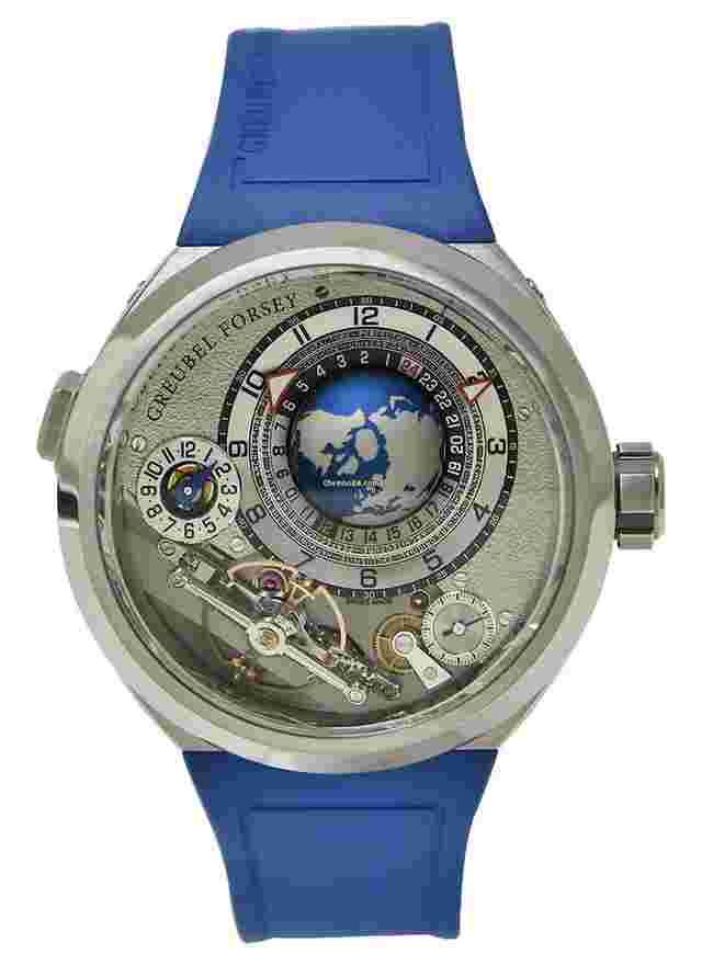 Greubel Forsey GMT
                           
                                 Balancier Convexe in Titanium on Blue Rubber Strap Plus Titanium Bracelet with Titanium and World Display Dial